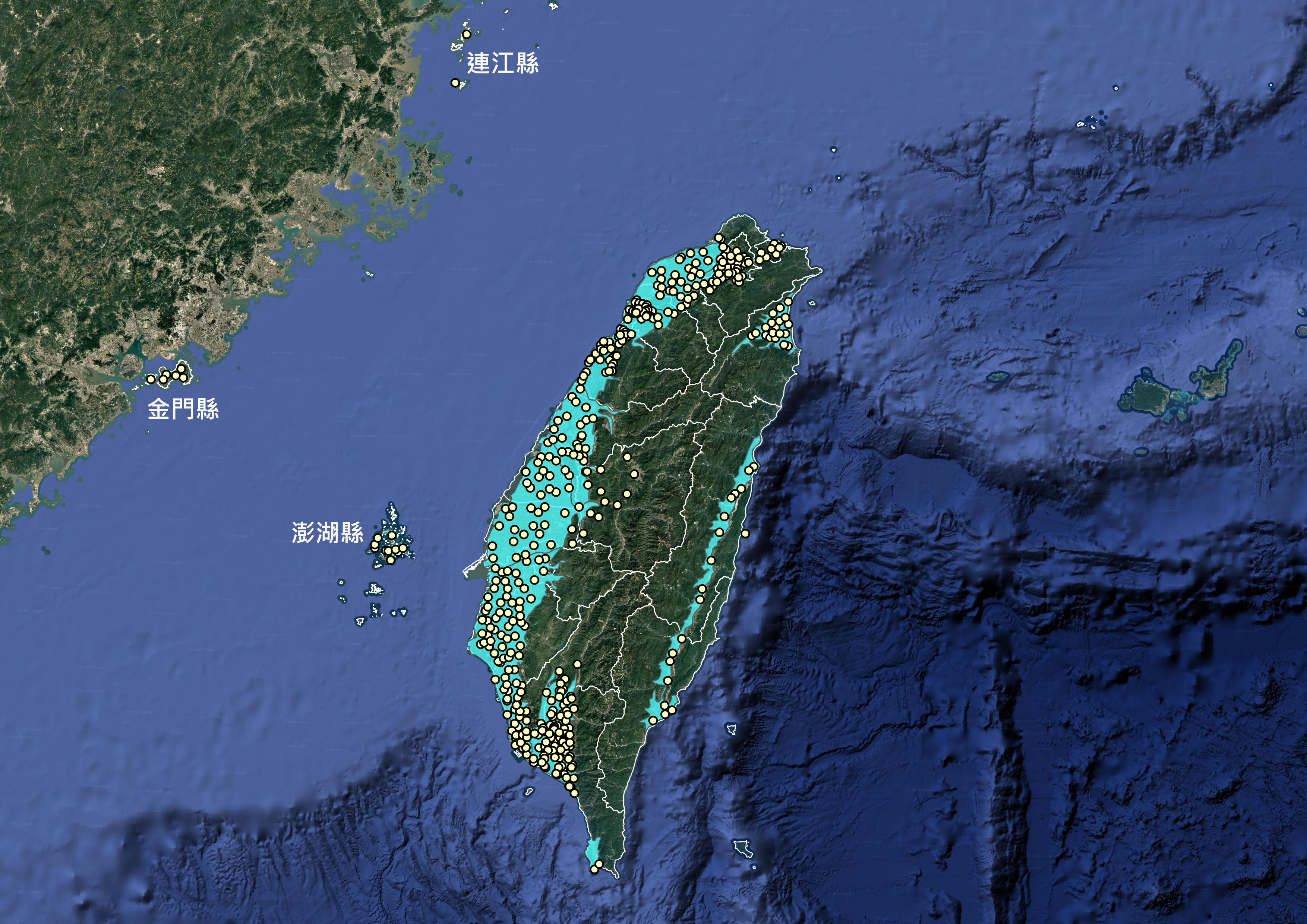 我國地下水區域性監測井分布情形，包含澎湖、金門、連江縣等外島地區