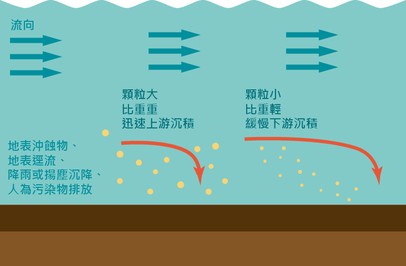 底泥形成示意圖：說明水體底泥形成的過程，地表沖蝕物、地表逕流、降雨或揚塵沉降或人為污染物排放之物質，經重力沉降於底面水體底層即稱為底泥