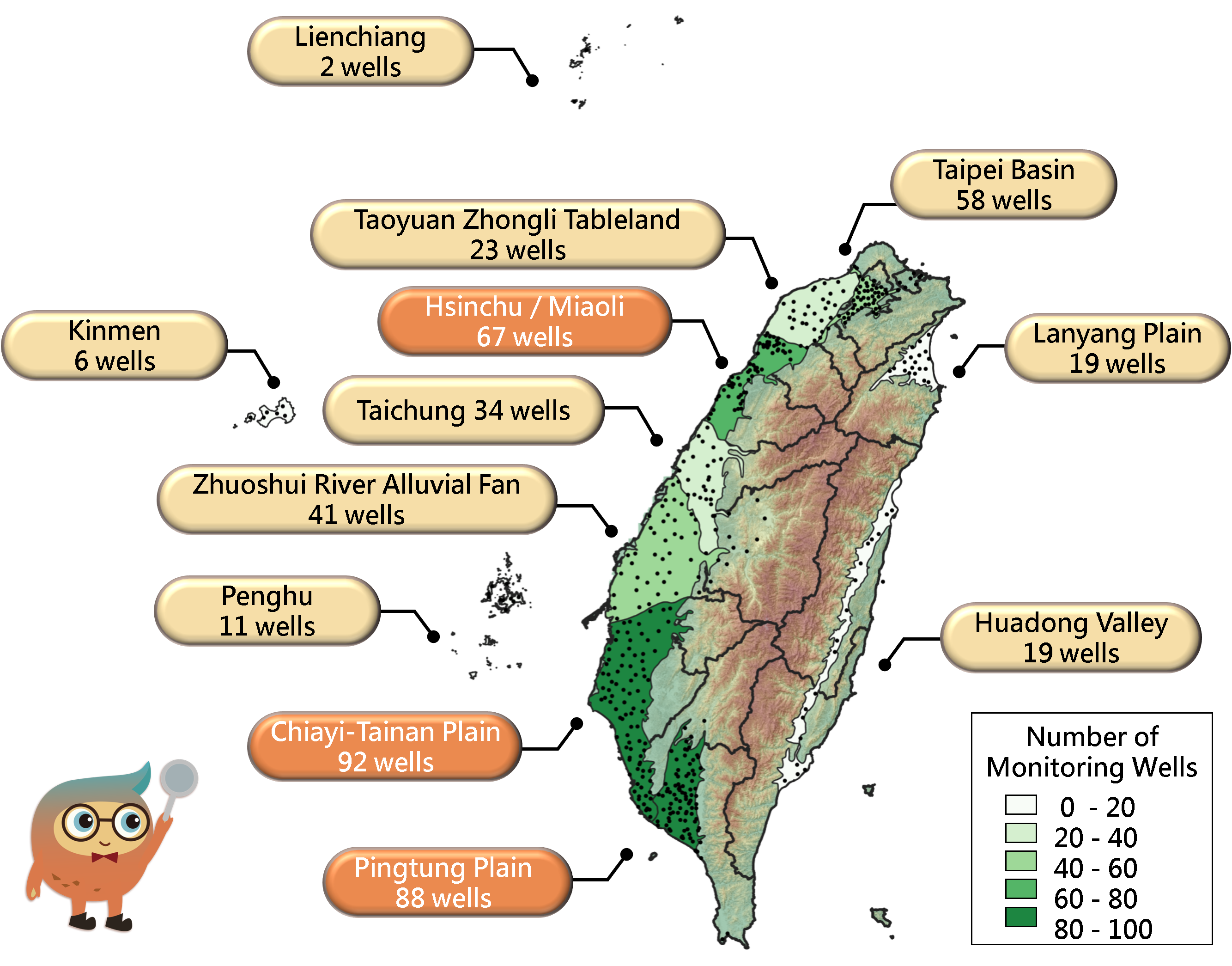 Figure 1.　Distribution of groundwater areas and regional monitoring wells