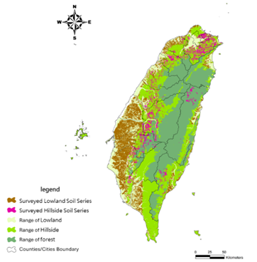 Distribution of representative flatland and slopeland soil series surveyed by the Ministry of Environment over the years.